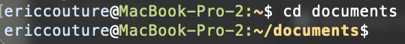 an image of a terminal entering a command to switch directories to the documents folder