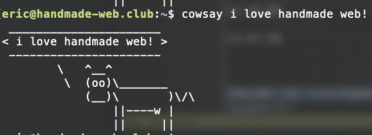 an image of an ascii art cow saying 'i love the handmade web!'